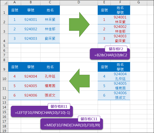 Excel-合併2筆資料上下分列或是分開2筆資料左右分欄(CHAR(10))