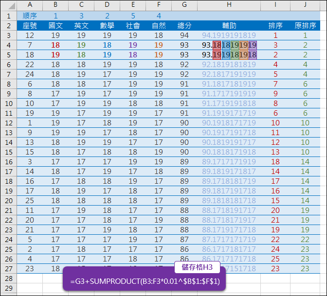 Excel-使用公式執行多欄位排序(SUMPRODUCT)