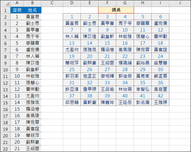 Excel-將學生名條轉換為座位表(OFFSET,INT,ROW,COLUMN)