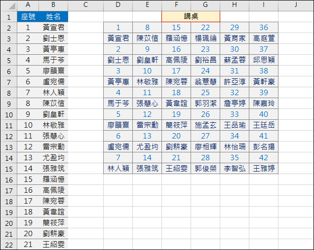 Excel-將學生名條轉換為座位表(OFFSET,INT,ROW,COLUMN)