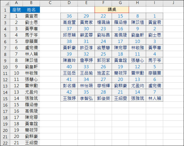 Excel-將學生名條轉換為座位表(OFFSET,INT,ROW,COLUMN)