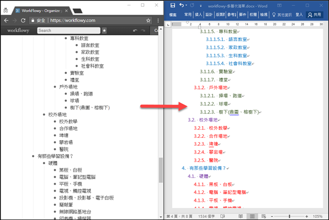 將WorkFlowy的內容轉換至Word，並設定清單編號