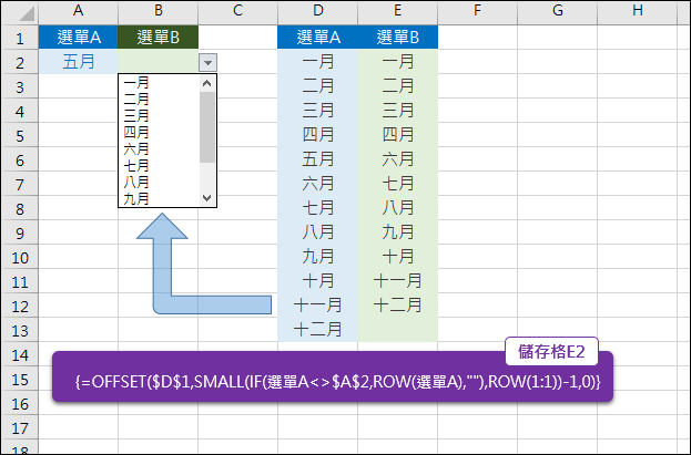 Excel-第二個選單不出現第一個選單已被選的內容(OFFSET,ROW)