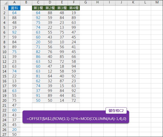 Excel-n欄轉m欄(INT,MOD,ROW,COLUMN)