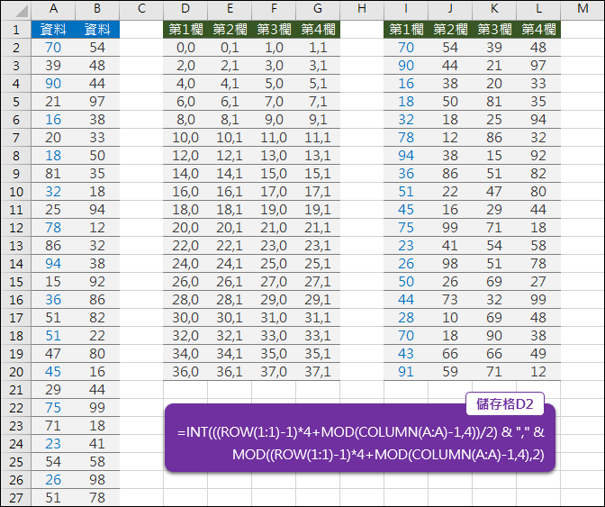 Excel-n欄轉m欄(INT,MOD,ROW,COLUMN)