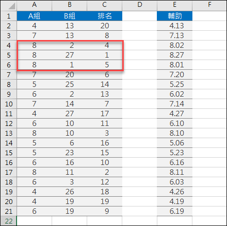 Excel-根據2欄的數據來排序名次