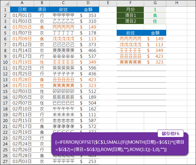 Excel-使用多條件篩選資料(AND,OR)(OFFSET,SMALL,ROW,MONTH,陣列公式)