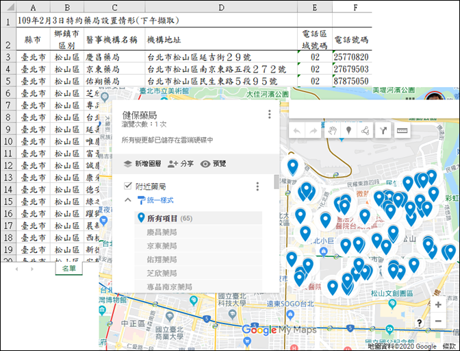 Google-自製住家附近健保特約藥局地圖