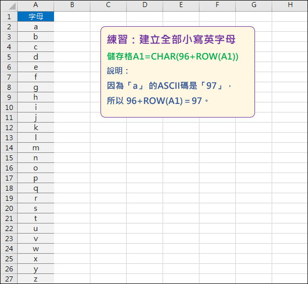 Excel-建立字母和數字轉換的對照表(CHAR,ROW)