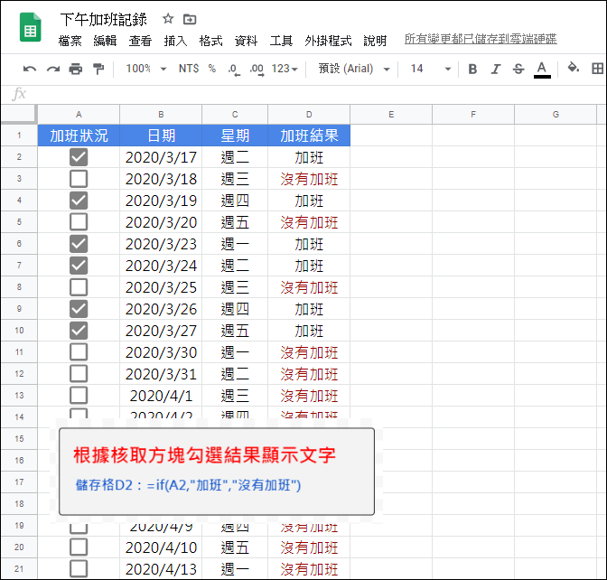 Google試算表-根據核取方塊勾選結果顯示文字