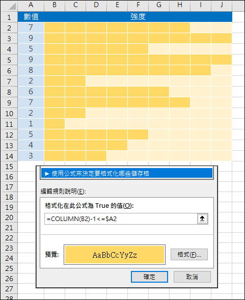 Excel-利用設定格式化的條件來表示強度