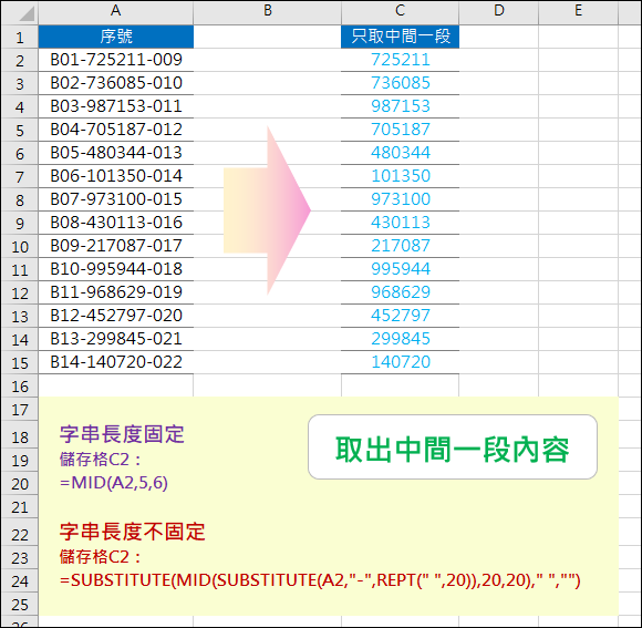 Excel-取出多段字元其中一段(非資料剖析,SUBSTITUTE,MID,REPT)