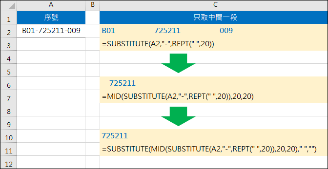 Excel-取出多段字元其中一段(非資料剖析,SUBSTITUTE,MID,REPT)