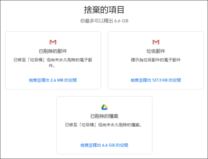 使用工具清理較占用空間的Google雲端硬碟檔案、Gmail郵件、Google相簿的相片和影片