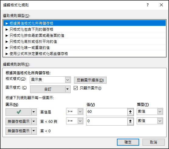 Excel-以符號標示學生平均成績是否及格