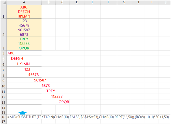 Excel-將多個多列儲存格內容分成多列儲存格(SUBSTITUTE,CHAR,TEXTJOIN,MID,REPT)