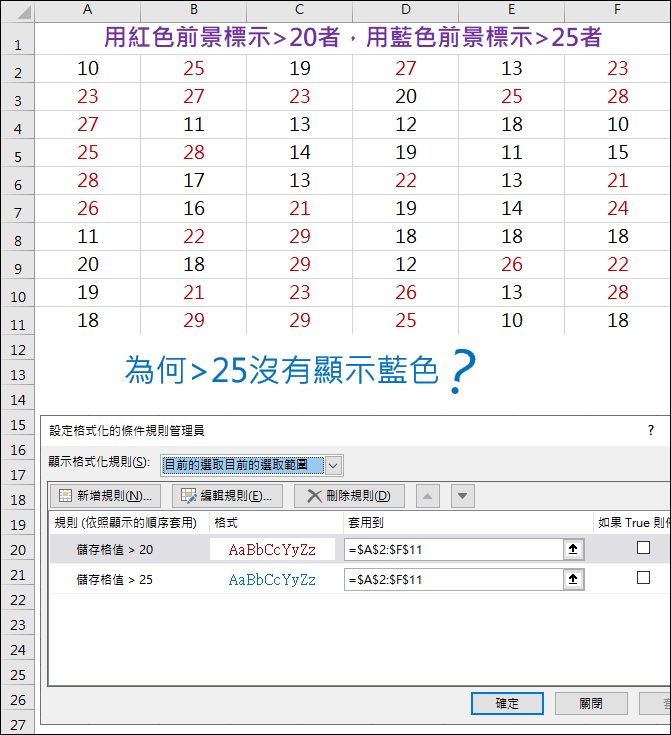 Excel-在設定格式化的條件時，要注意條件的執行先後順序