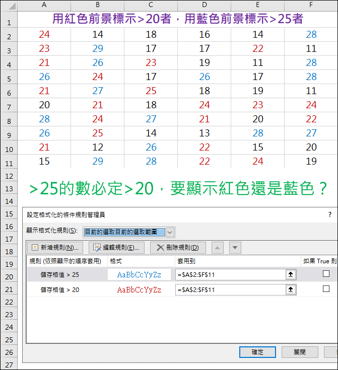 Excel-在設定格式化的條件時，要注意條件的執行先後順序