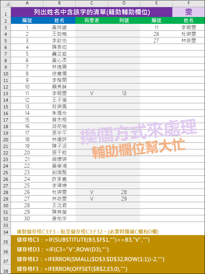 Excel-如何不使用陣列公式列出符合條件的清單