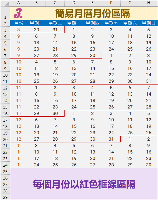 Excel-對月曆自動設定簡易區隔的格式