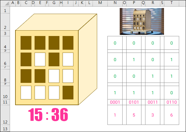 以Excel模擬大樓窗戶製作二進制時鐘