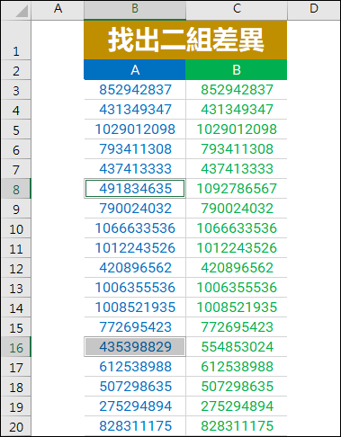 Excel-快速找出二個不同範圍裡儲存格內容的差異