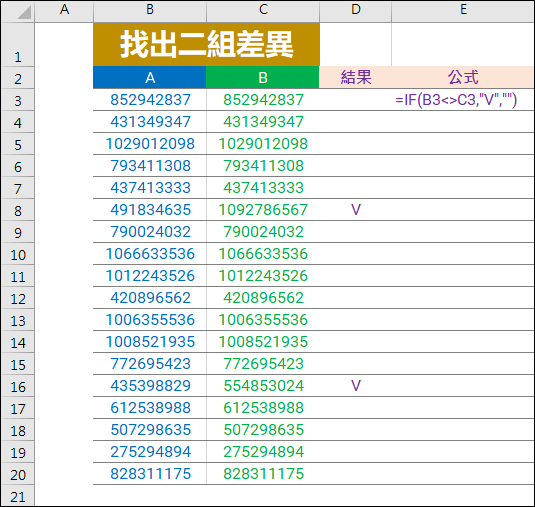 Excel-快速找出二個不同範圍裡儲存格內容的差異