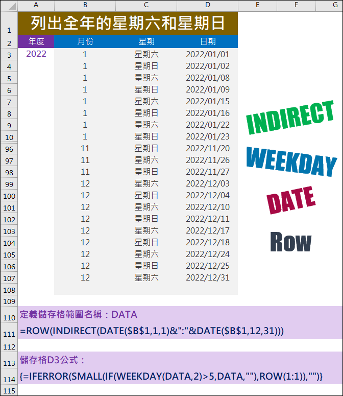 Excel-列出每一年裡的星期六和星期日的日期