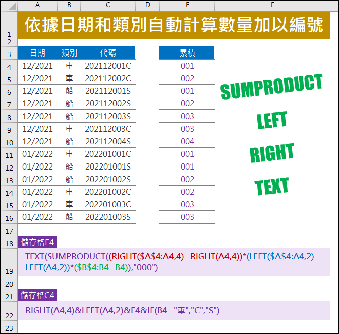 Excel-依據日期和類別計算數量予以編號(SUMPRODUCT,TEXT,RIGHT,LEFT)