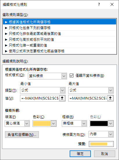 Excel-在儲存格中依公式結果顯示資料橫條