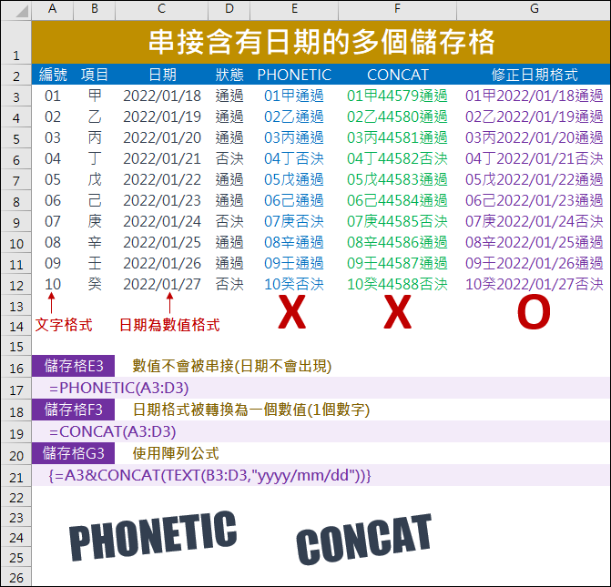 Excel-串接含有日期的多個儲存格