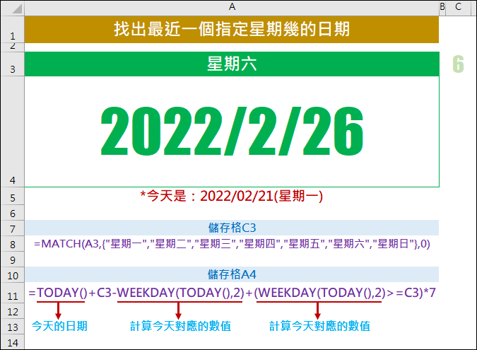 Excel-找出最近一個指定星期幾的日期