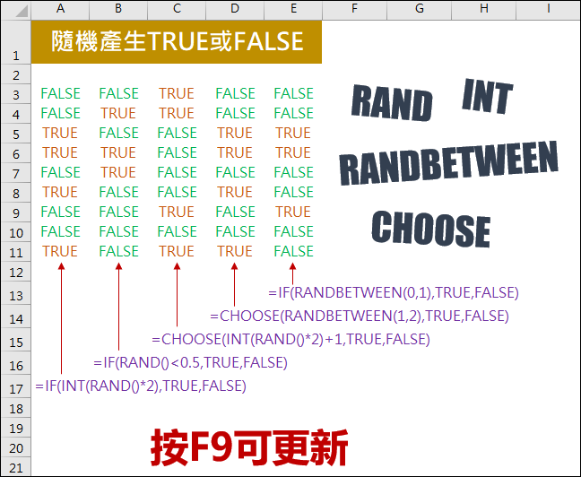 Excel-產生一些隨機的亂數(TRUE或FALSE)