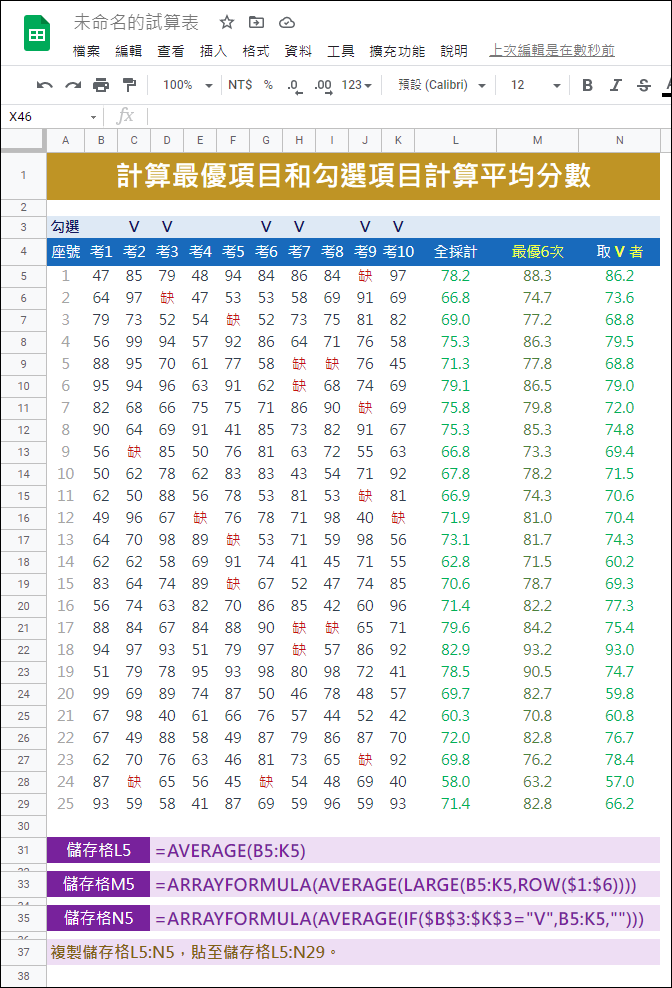 Excel-以計算最優項目和勾選項目計算平均分數