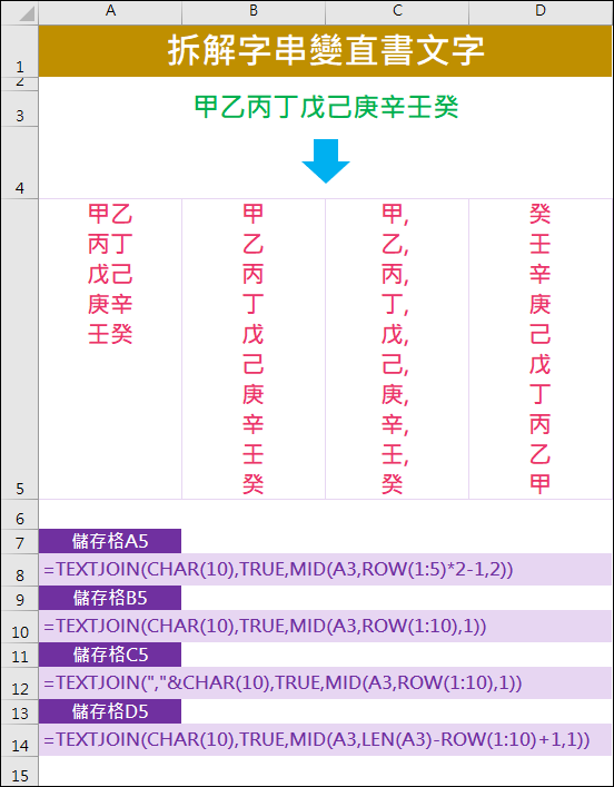 Excel-拆解字串變直書文字