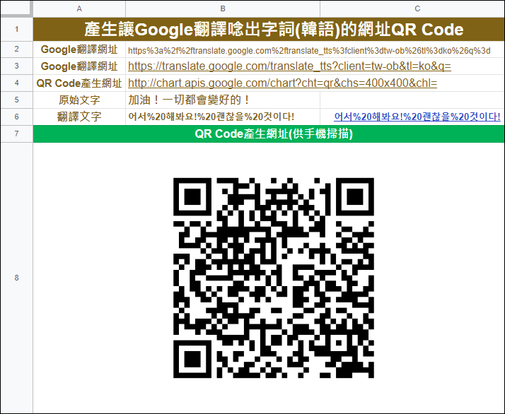 Google試算表-產生讓Google翻譯唸出字詞(日語)的網址QR Code