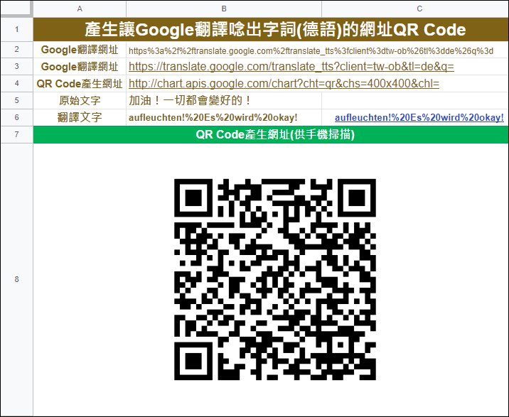 Google試算表-產生讓Google翻譯唸出字詞(日語)的網址QR Code