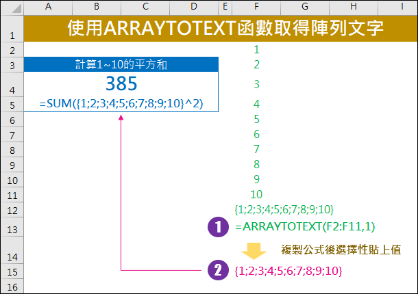 Excel-使用ARRAYTOTEXT函數取得陣列文字