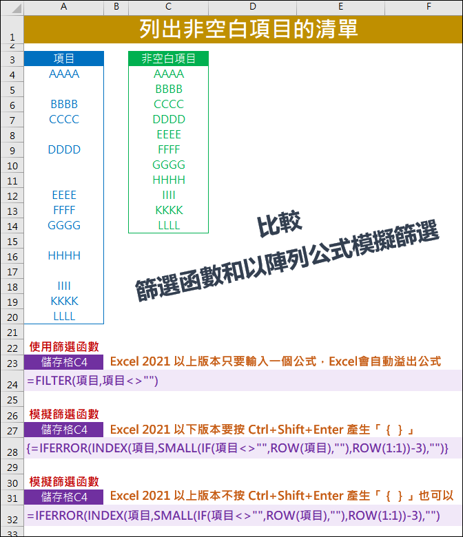 Excel-列出非空白項目的清單(比較篩選函數和以陣列公式模擬篩選)