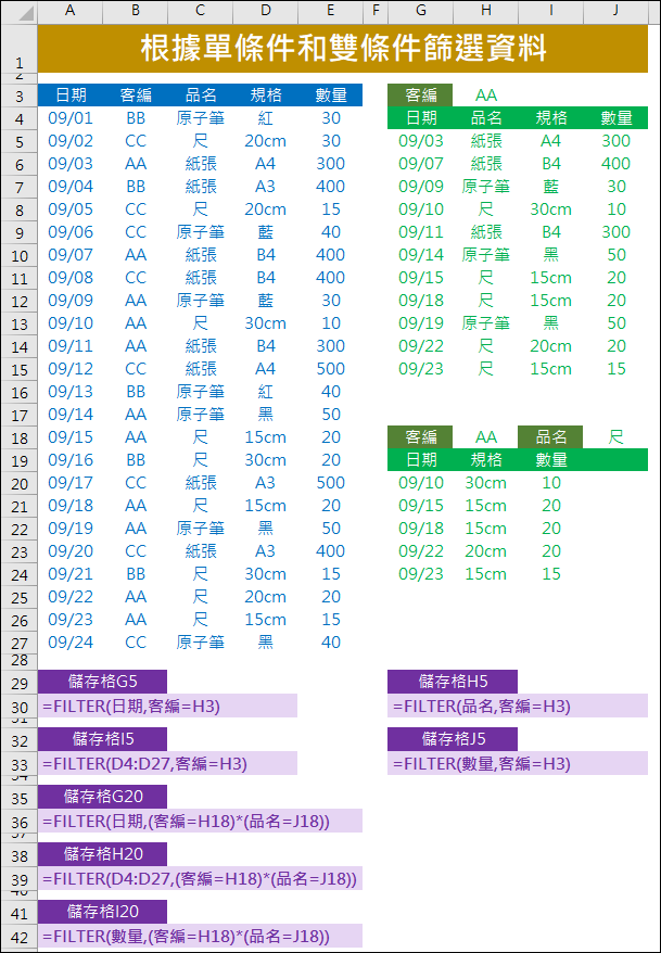 Excel-根據單條件和雙條件篩選資料(FILTER)