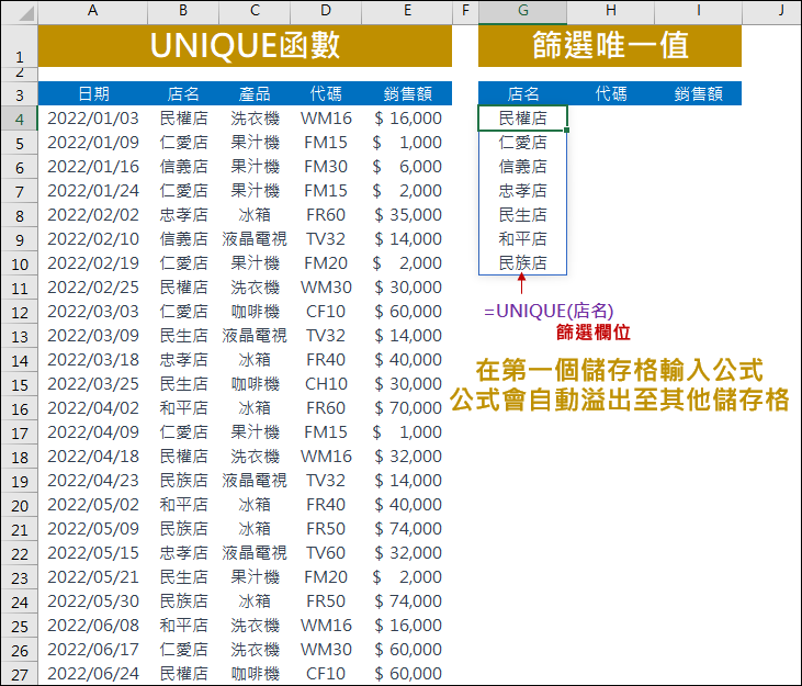 Excel-資料篩選的好幫手-UNIQUE函數(2021版以上)