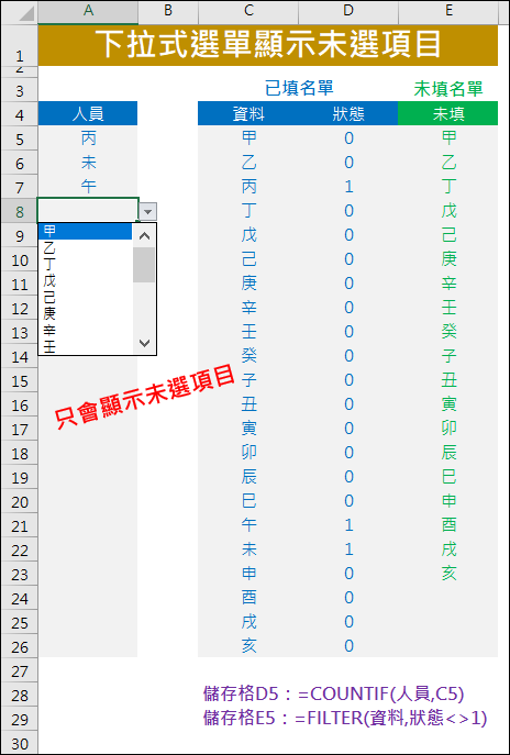 Excel-下拉式選單顯示未選項目