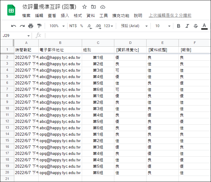 Excel-利用Google表單讓學生依評分量表實施分組互評並計算分數