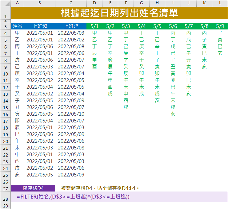 Excel-根據起迄日期列出姓名清單