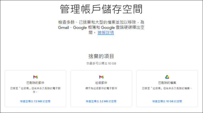 檢視Google雲端硬碟垃圾桶裡檔案佔用的容量