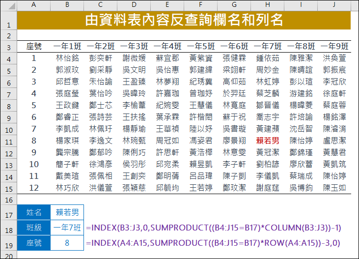 Excel-由資料表內容反查詢欄名和列名