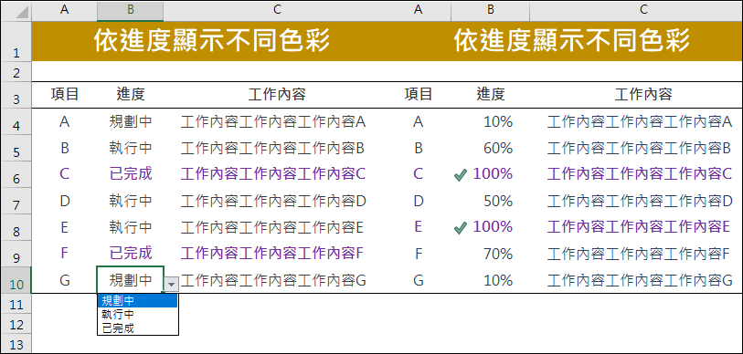 Excel-依工作進度顯示不同色彩和圖示