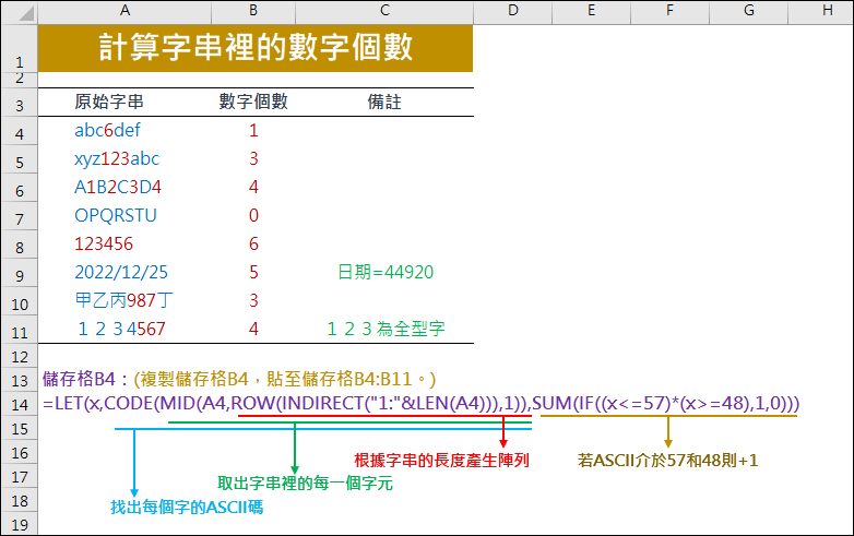 Excel-計算字串裡的數字個數