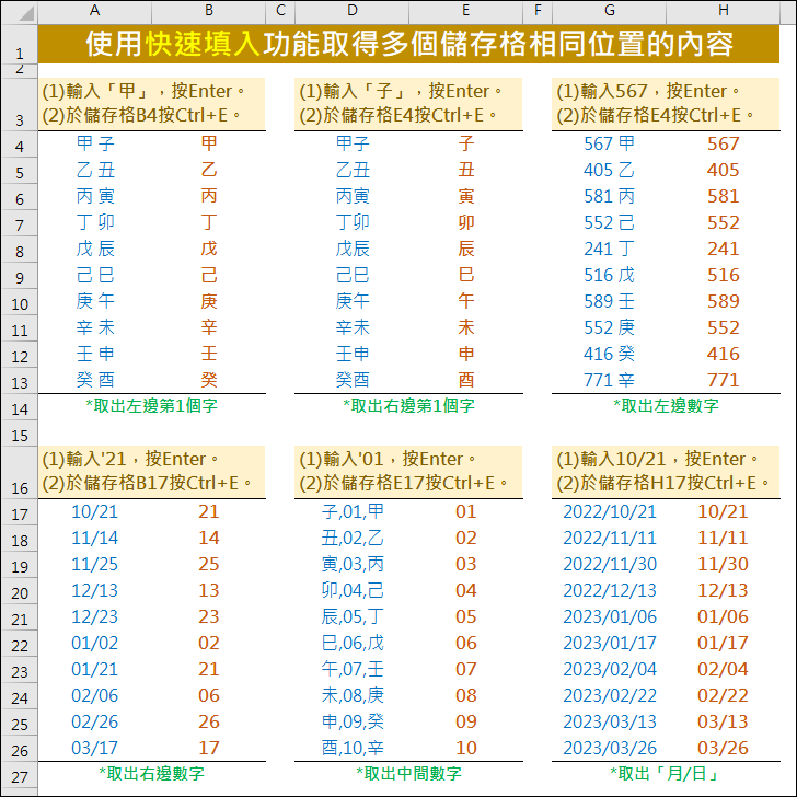 Excel-不用公式！用快速填入功能取得多個儲存格相同位置的內容