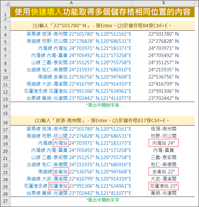 Excel-不用公式！用快速填入功能取得多個儲存格相同位置的內容